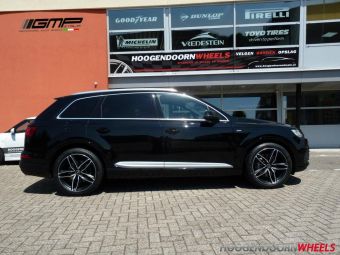 GMP DEDICATED VELGEN MODEL ATOM ZWART GEPOLIJST IN 21 INCH GEMONTEERD ONDER EEN AUDI Q7