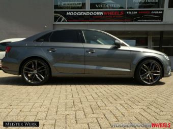 MEISTERWERK VELGEN ANTRACIET IN 19 INCH GEMONTEERD ONDER EEN AUDI A3 LIMOUSINE MET ORIGINELE AUDI KAPPEN 