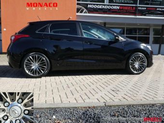 MONACO VELGEN GP2 ANTRACIET GEPOLIJST 18 INCH GEMONTEERD ONDER EEN HYUNDAI I30 MET TPMS SENSOREN EN ORIGINELE LOGO`S 